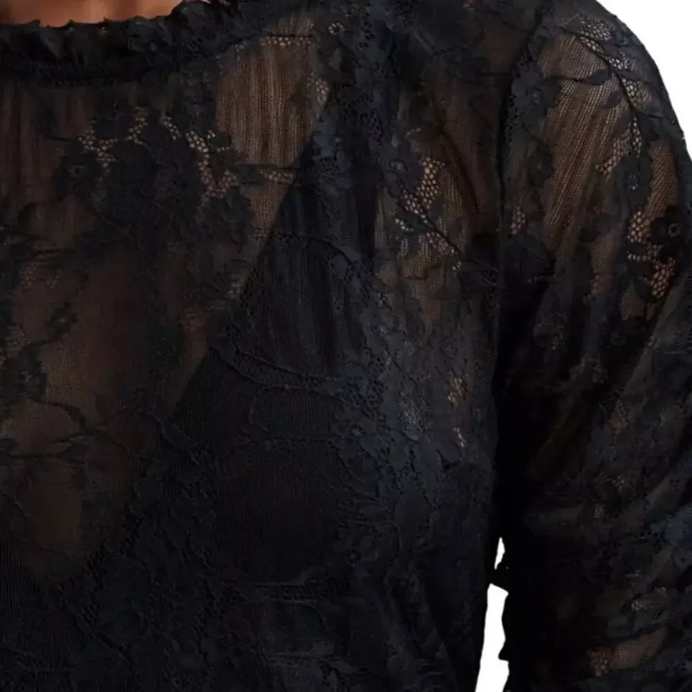 By Anthropologie Womens VNeck Lace Ruched Sleeve Blouse Size Extra Small